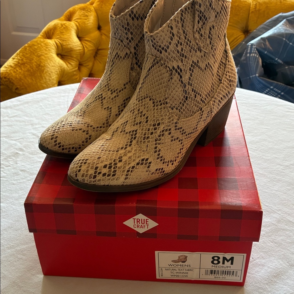 True Craft Women Snake Print Heeled Boots - Tan and Brown Size 8